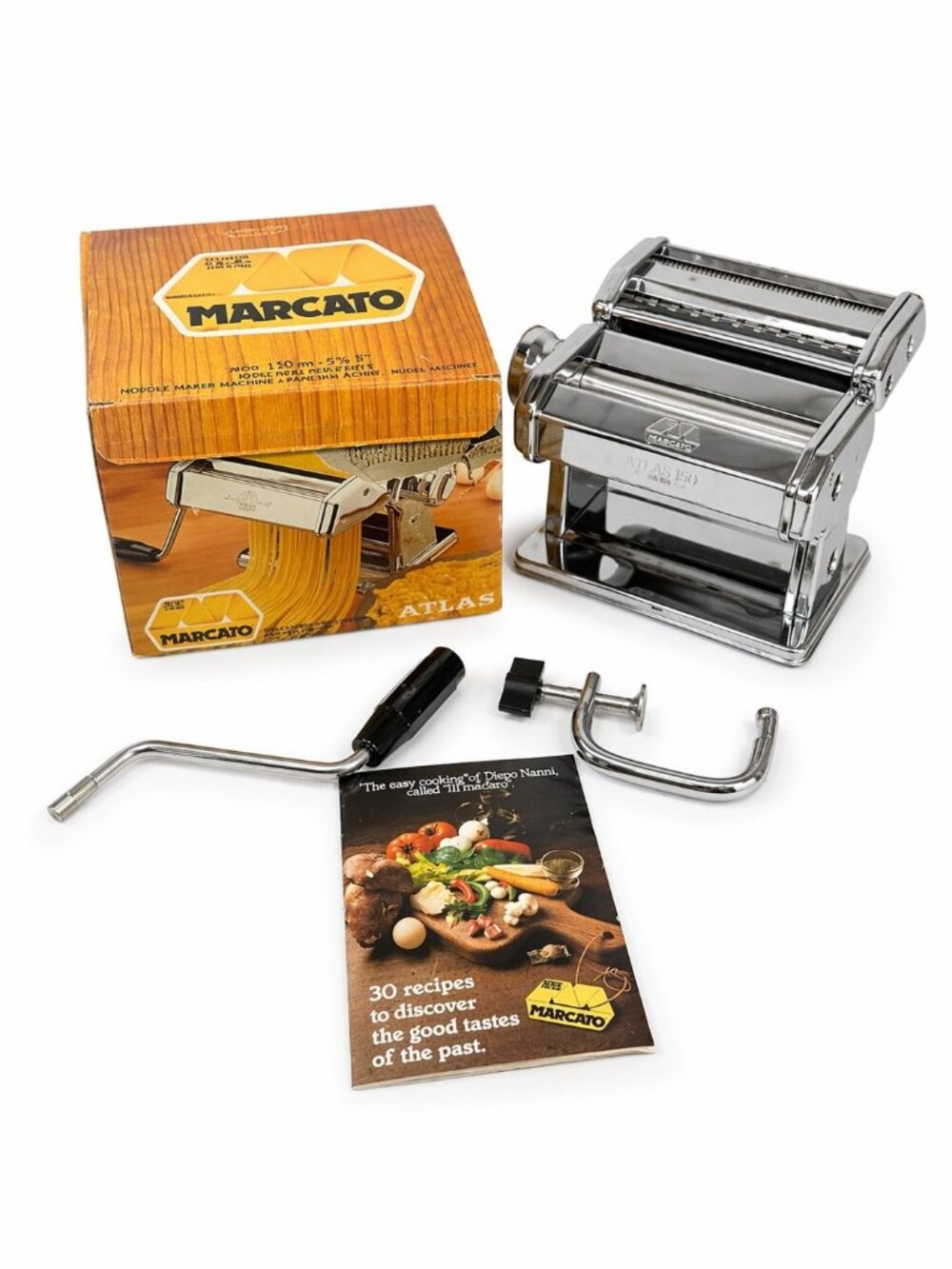 Pasta Maker Marcato Atlas Noodle Machine Model 150 Hand Crank Made in Italy box